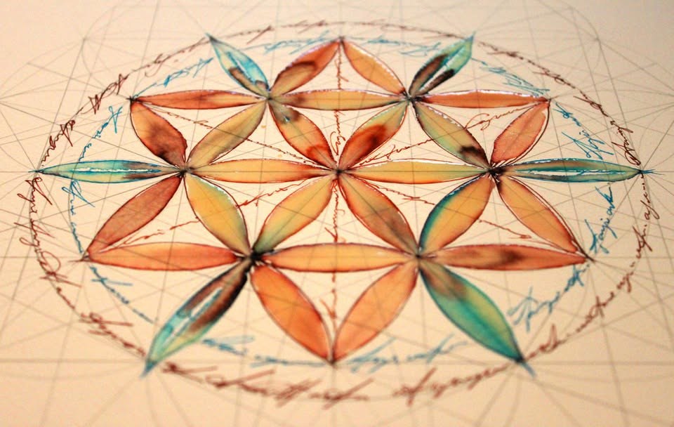 Flower of Life artwork from the Modern Primitives Tattoo Studio cover — overlapping circles in ink and wash